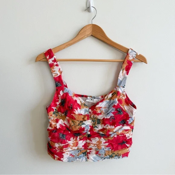 New! ASTR • Ruched Bustier Crop Top in Red Multi Floral - Picture 2 of 9
